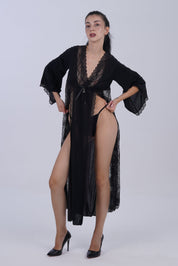 AXTZH  Romantic Nightwear Set for Women with Sheer Longline Robe and Lace Accents X3493-BLACK-F2M