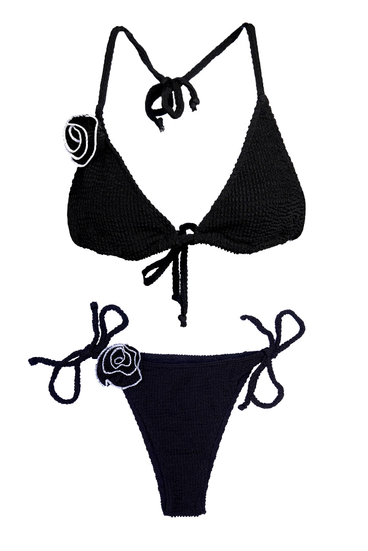 AXTZH Crochet Rose Tie Swimwear Set X8008-BLACK-2PB
