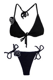 AXTZH Crochet Rose Tie Swimwear Set X8008-BLACK-2PB