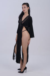 AXTZH  Romantic Nightwear Set for Women with Sheer Longline Robe and Lace Accents X3493-BLACK-F2M