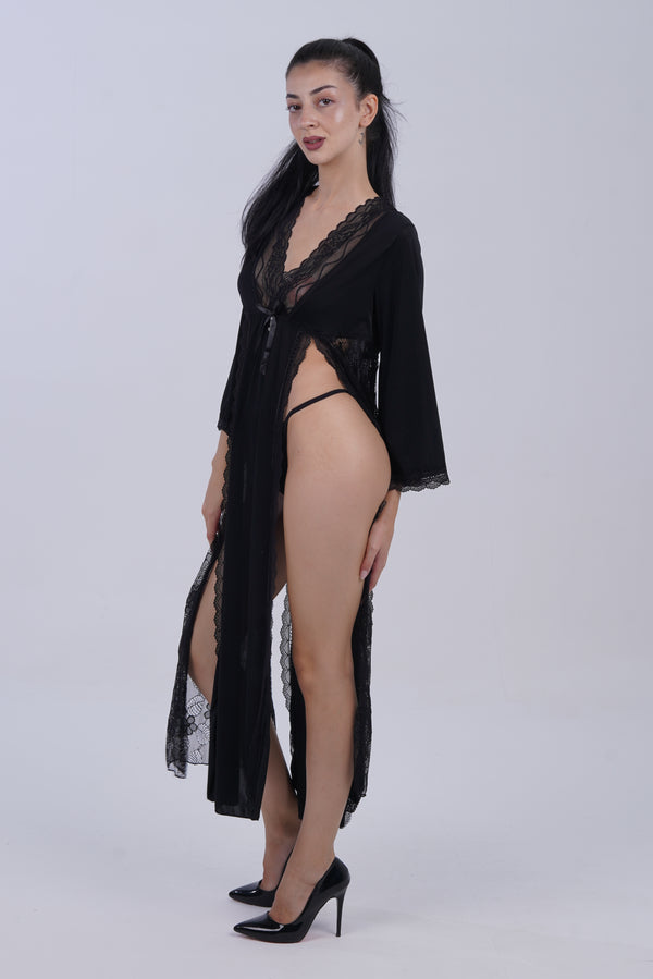 AXTZH  Romantic Nightwear Set for Women with Sheer Longline Robe and Lace Accents X3493-BLACK-F2M