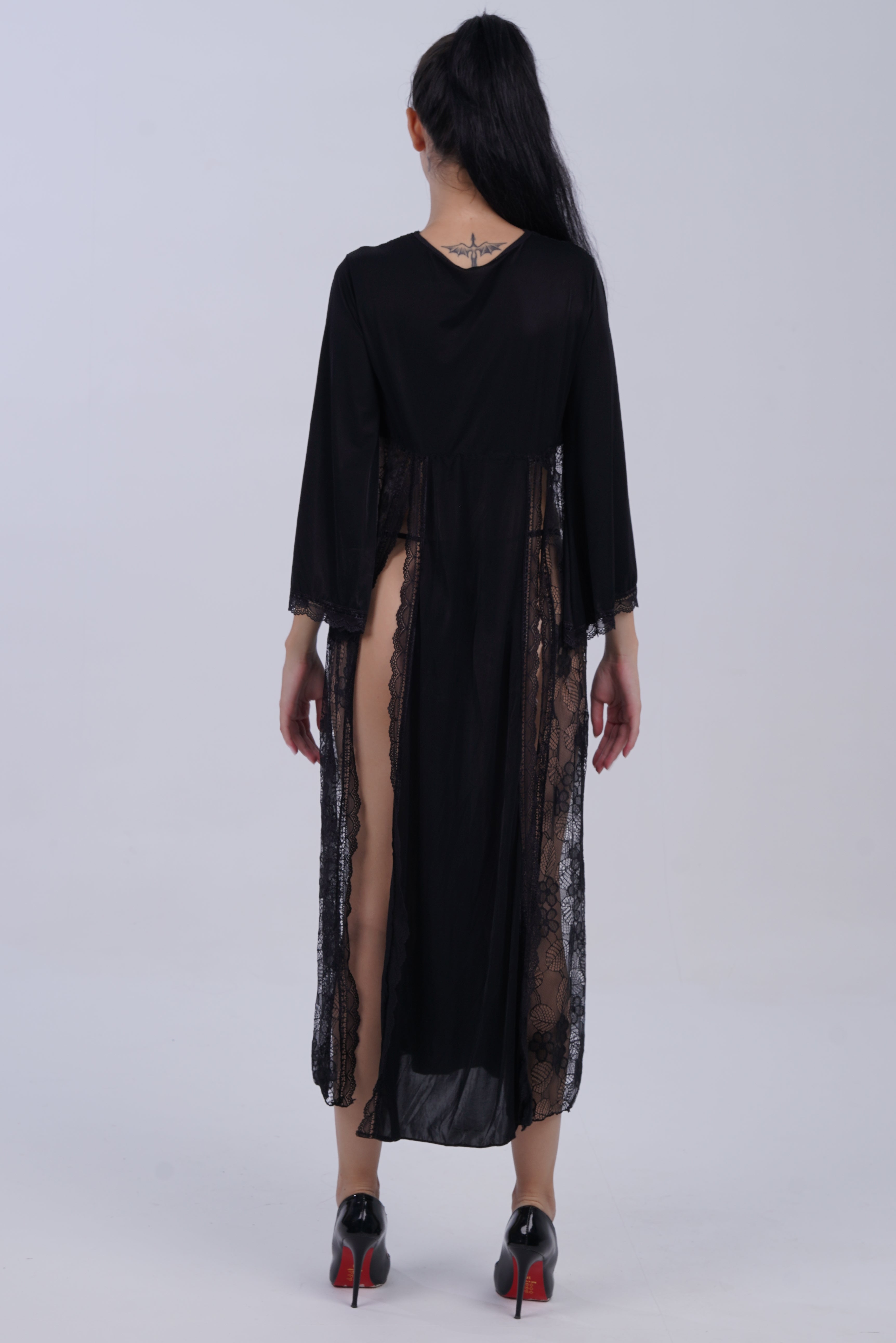 AXTZH  Romantic Nightwear Set for Women with Sheer Longline Robe and Lace Accents X3493-BLACK-F2M