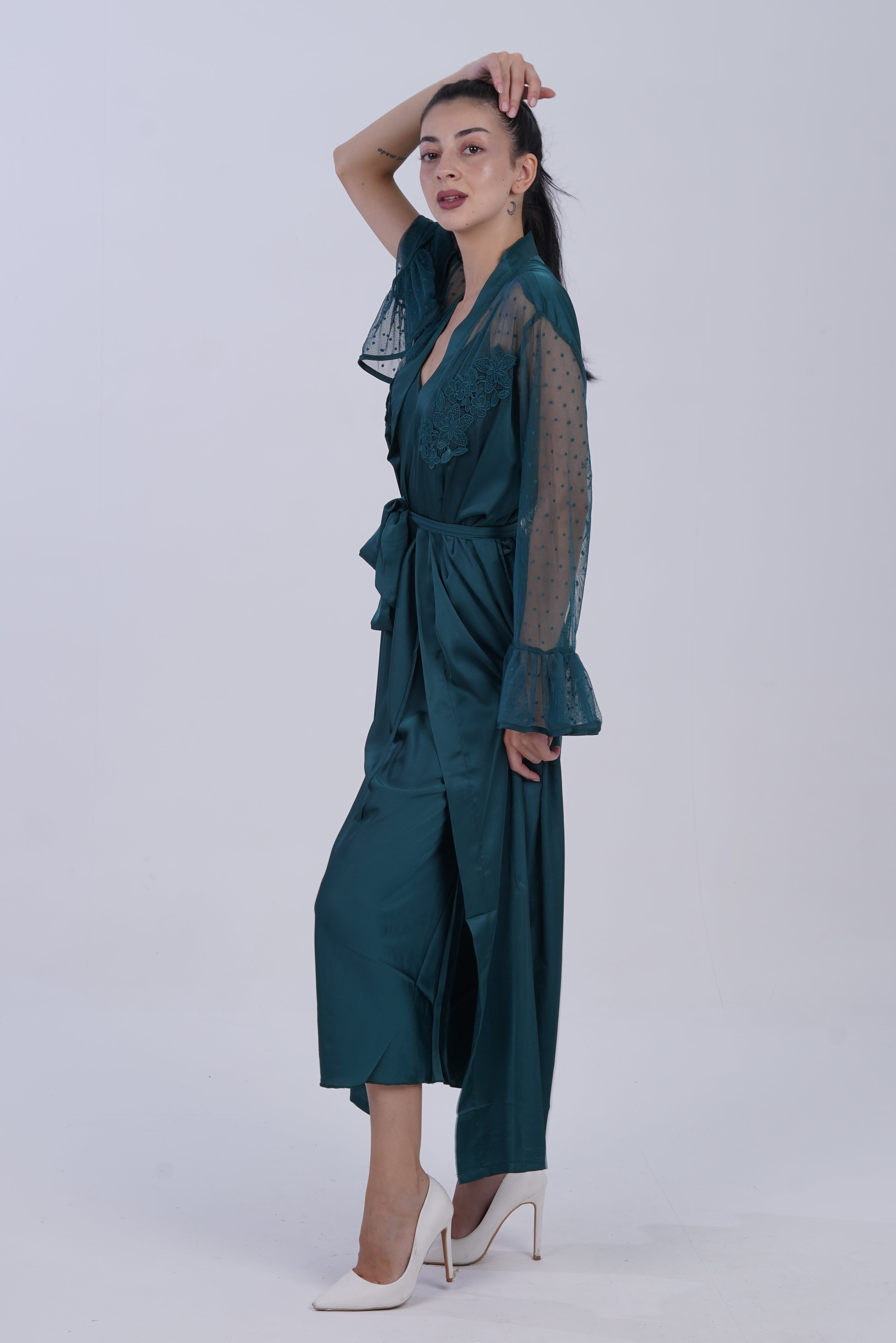 AXTZH Two-Piece Nightwear for Women with Full-Length Sheer Robe and Inner Dress X2168-BGREEN-F22S