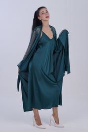 AXTZH Two-Piece Nightwear for Women with Full-Length Sheer Robe and Inner Dress X2168-BGREEN-F22S