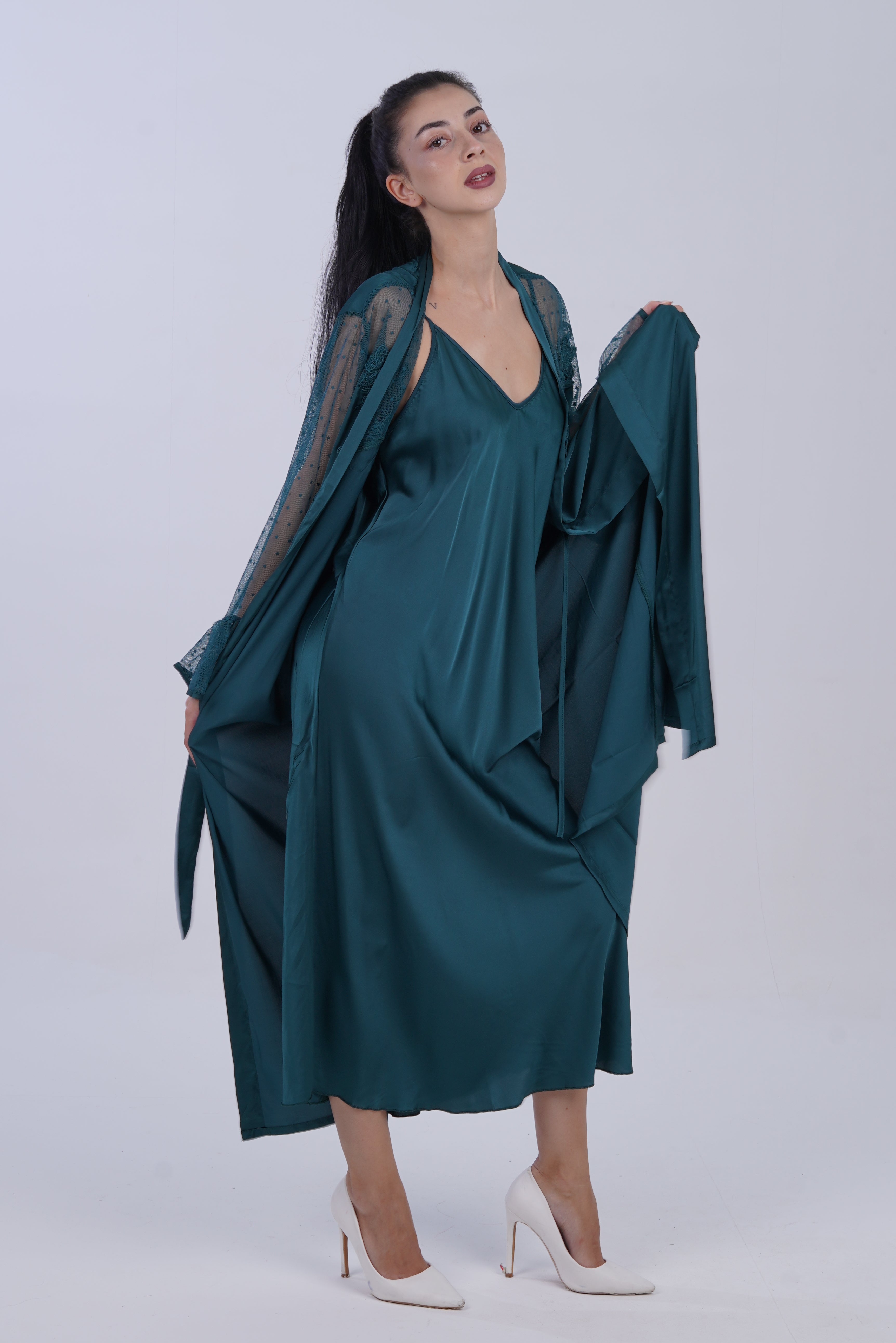 AXTZH Two-Piece Nightwear for Women with Full-Length Sheer Robe and Inner Dress X2168-BGREEN-F22S
