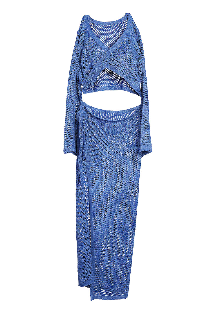 AXTZH Sheer Tie-Front Crop & Wrap Skirt Beachwear Set X2536-DBLUE-BW2PF