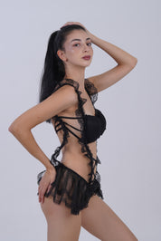 AXTZH One-piece lace bodysuit nightwear designed for a flattering, elegant look X8464-BLACK-BS1P