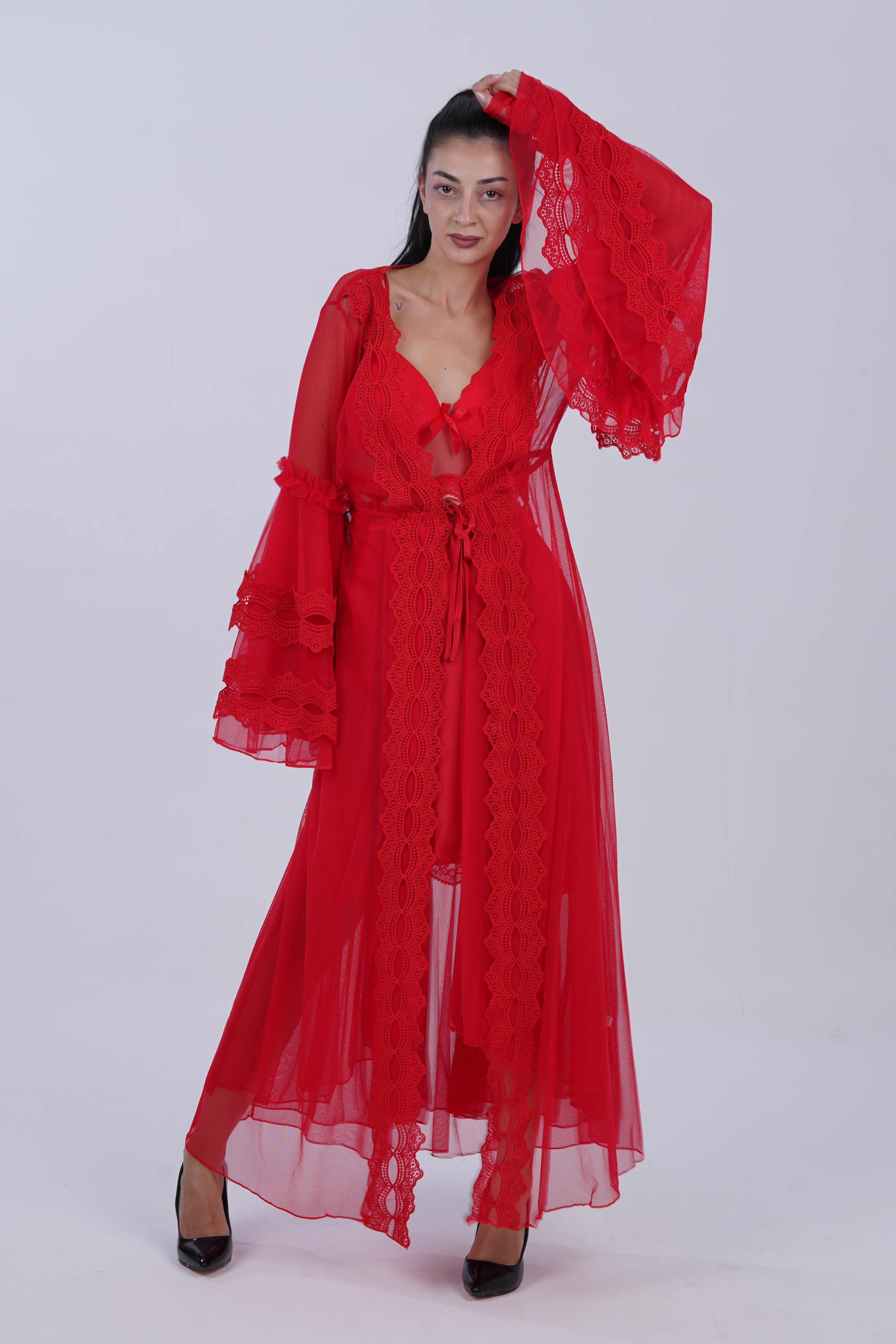 AXTZH Sheer Elegance Two-Piece Nightwear Set for Women X4025-CRIMSON-F22N