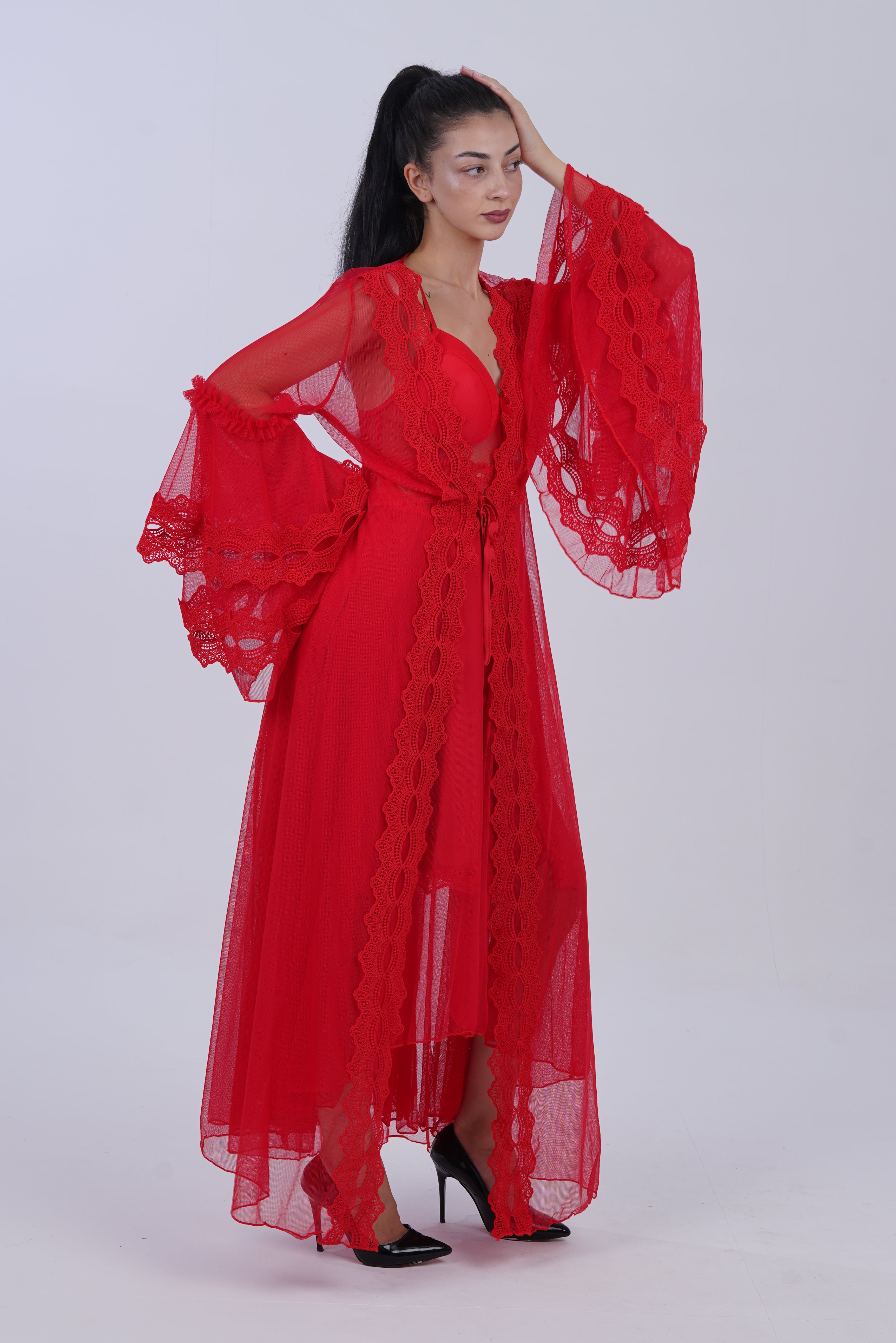 AXTZH Sheer Elegance Two-Piece Nightwear Set for Women X4025-CRIMSON-F22N