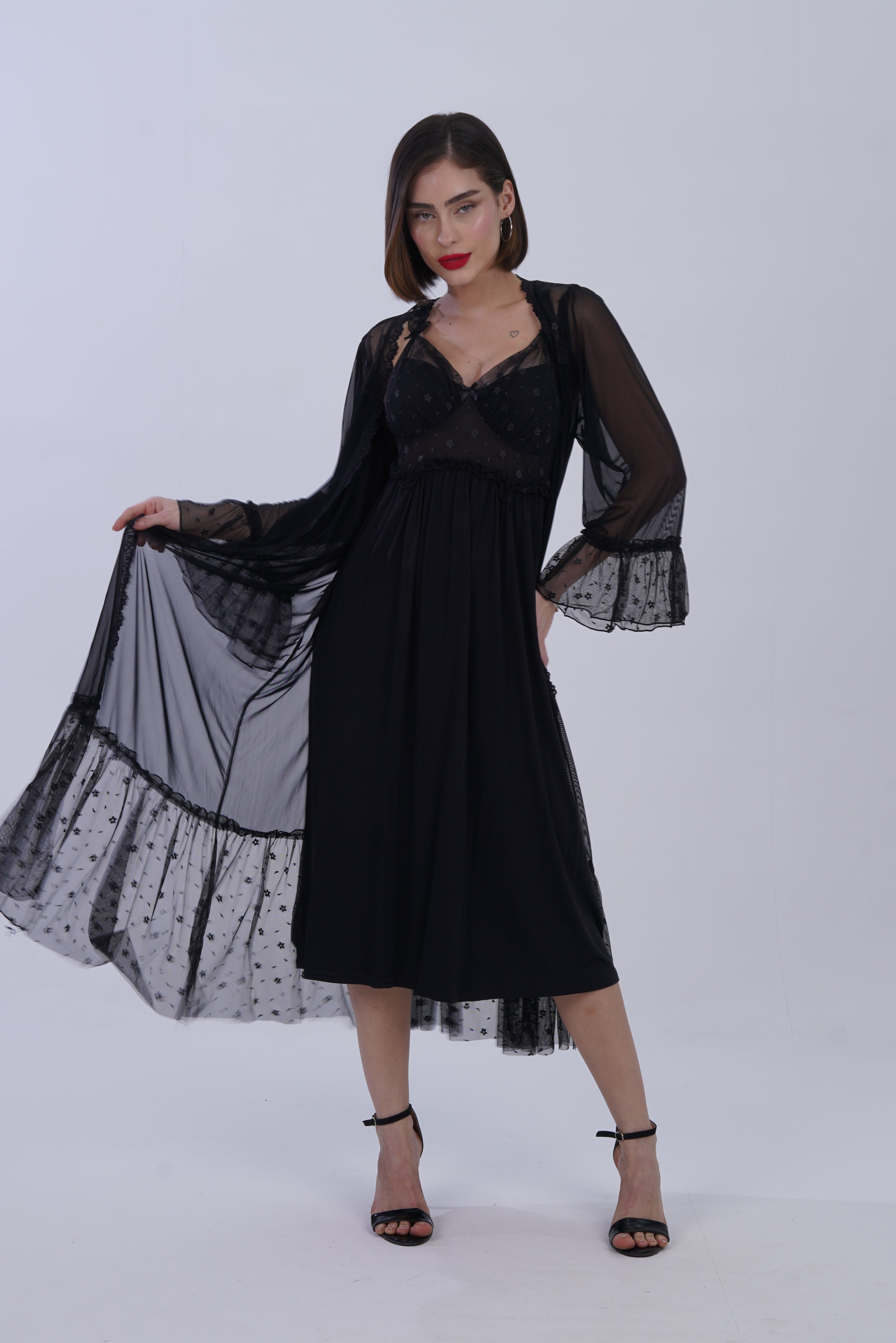 AXTZH Luxurious Women’s Nightwear Ensemble Featuring Long Robe and Inner Slip X0310-BLACK-F22MO