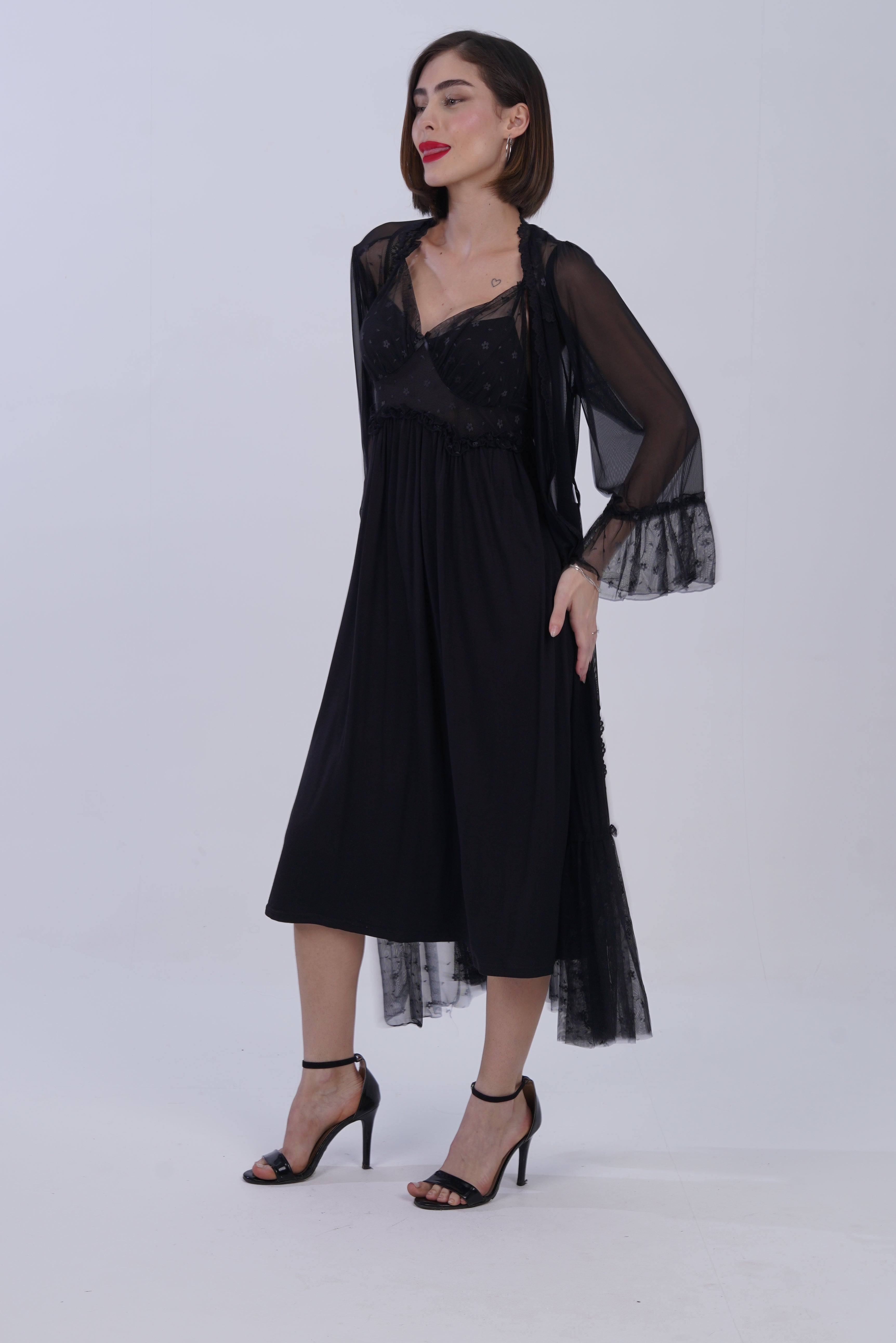 AXTZH Luxurious Women’s Nightwear Ensemble Featuring Long Robe and Inner Slip X0310-BLACK-F22MO