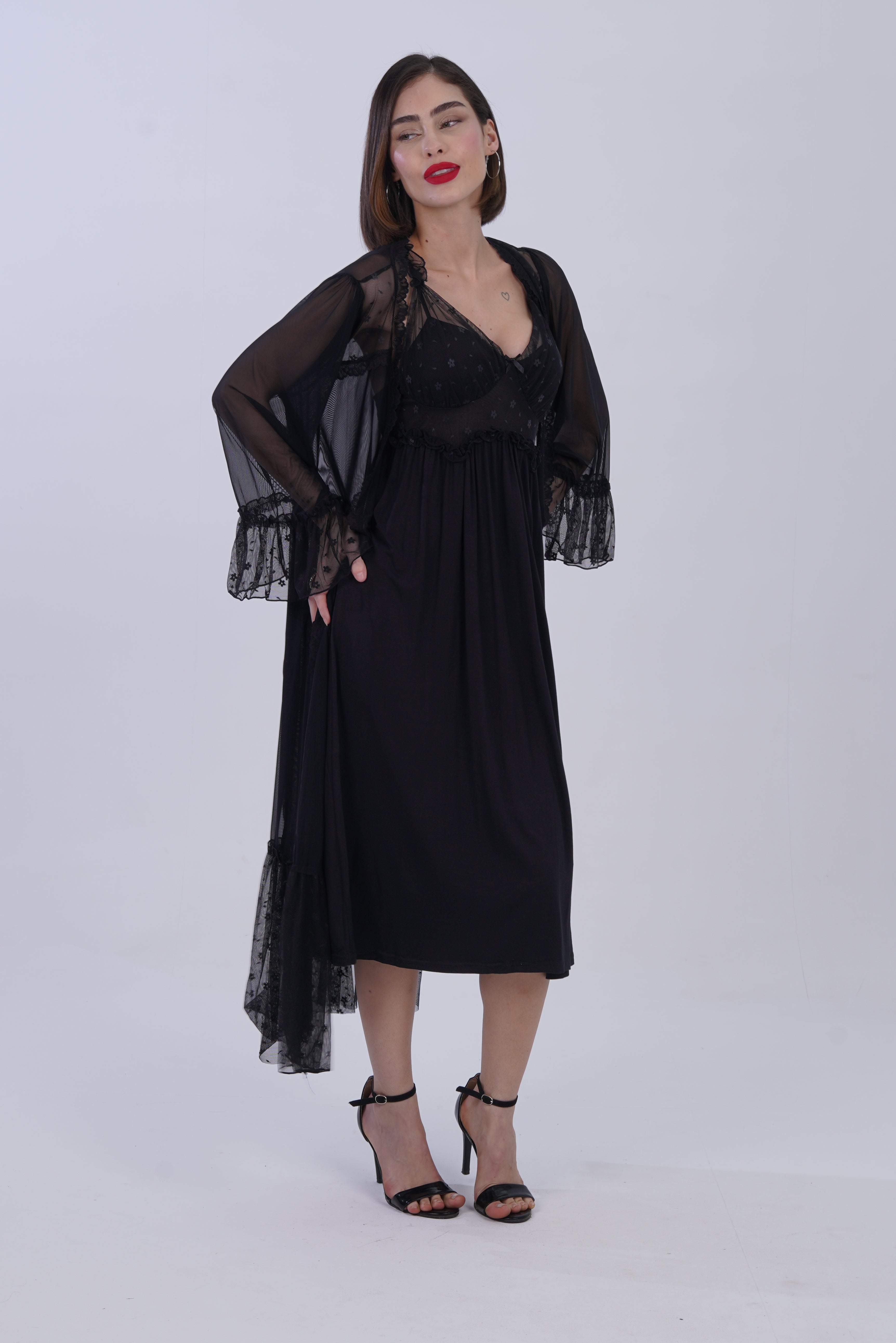AXTZH Luxurious Women’s Nightwear Ensemble Featuring Long Robe and Inner Slip X0310-BLACK-F22MO