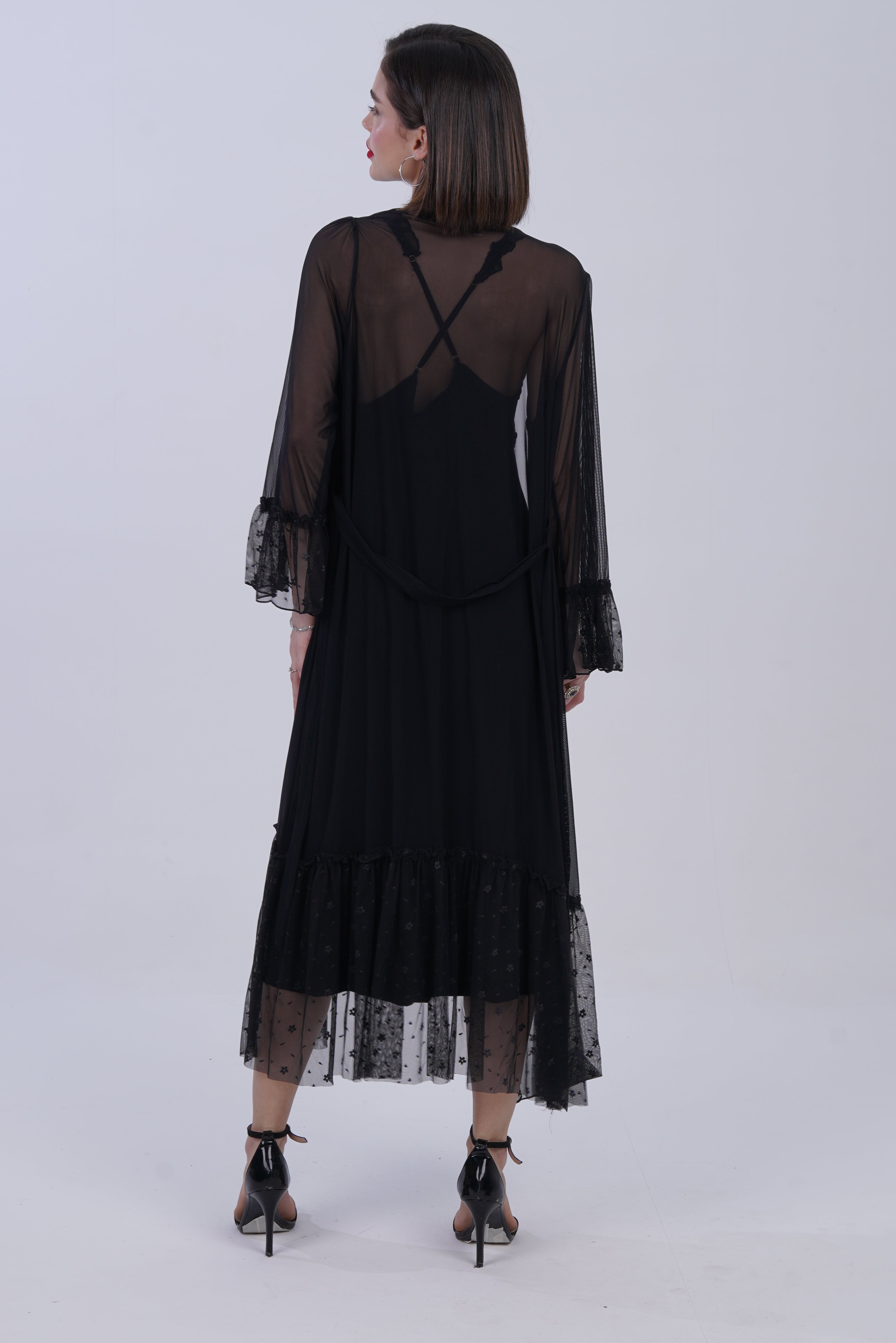 AXTZH Luxurious Women’s Nightwear Ensemble Featuring Long Robe and Inner Slip X0310-BLACK-F22MO