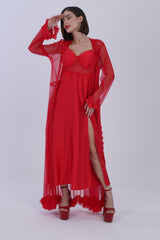 AXTZH Elegant Nightwear for Women with Flowing Robe and Matching Inner Slip Dress X5100-CRIMSON-F22S