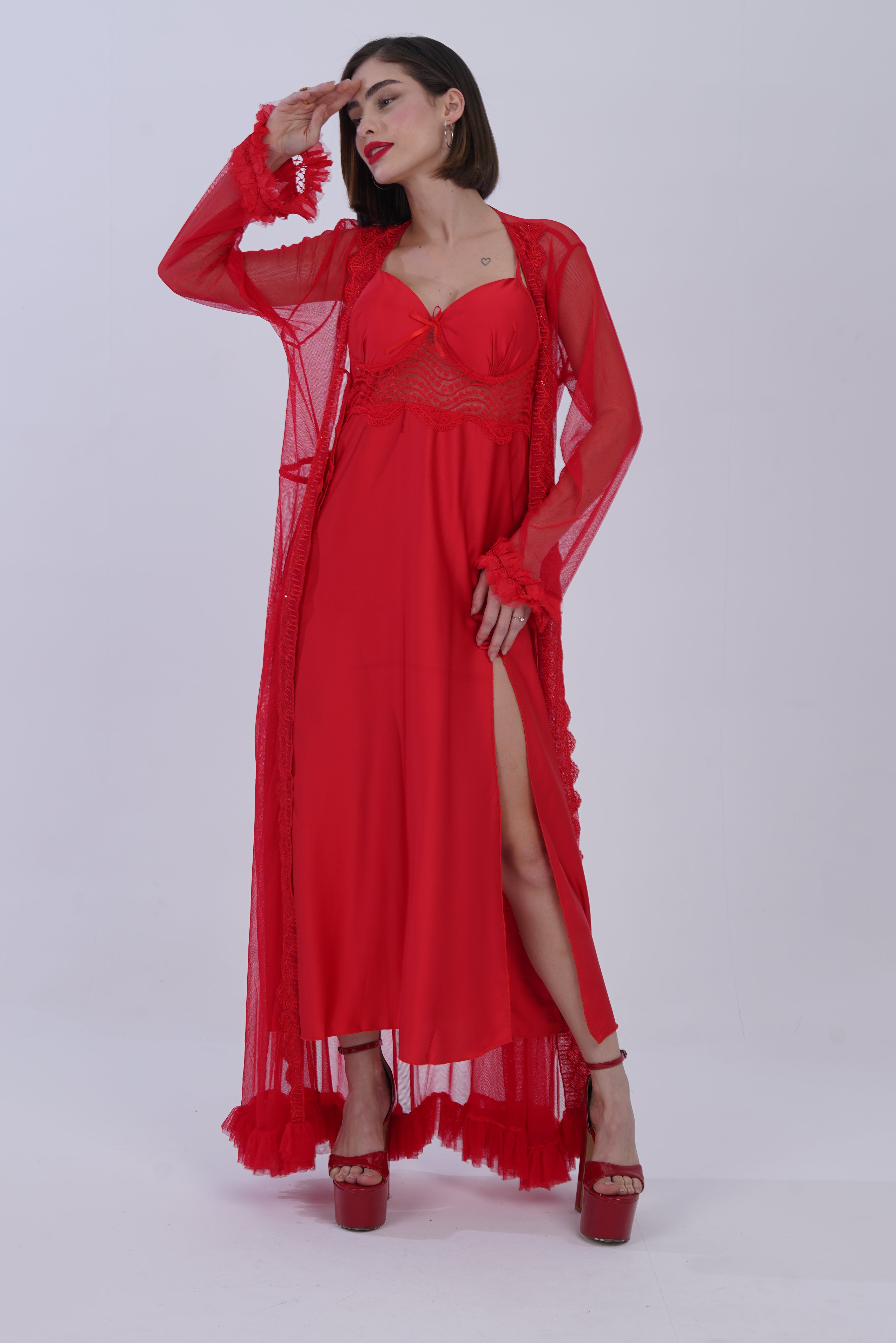 AXTZH Elegant Nightwear for Women with Flowing Robe and Matching Inner Slip Dress X5100-CRIMSON-F22S