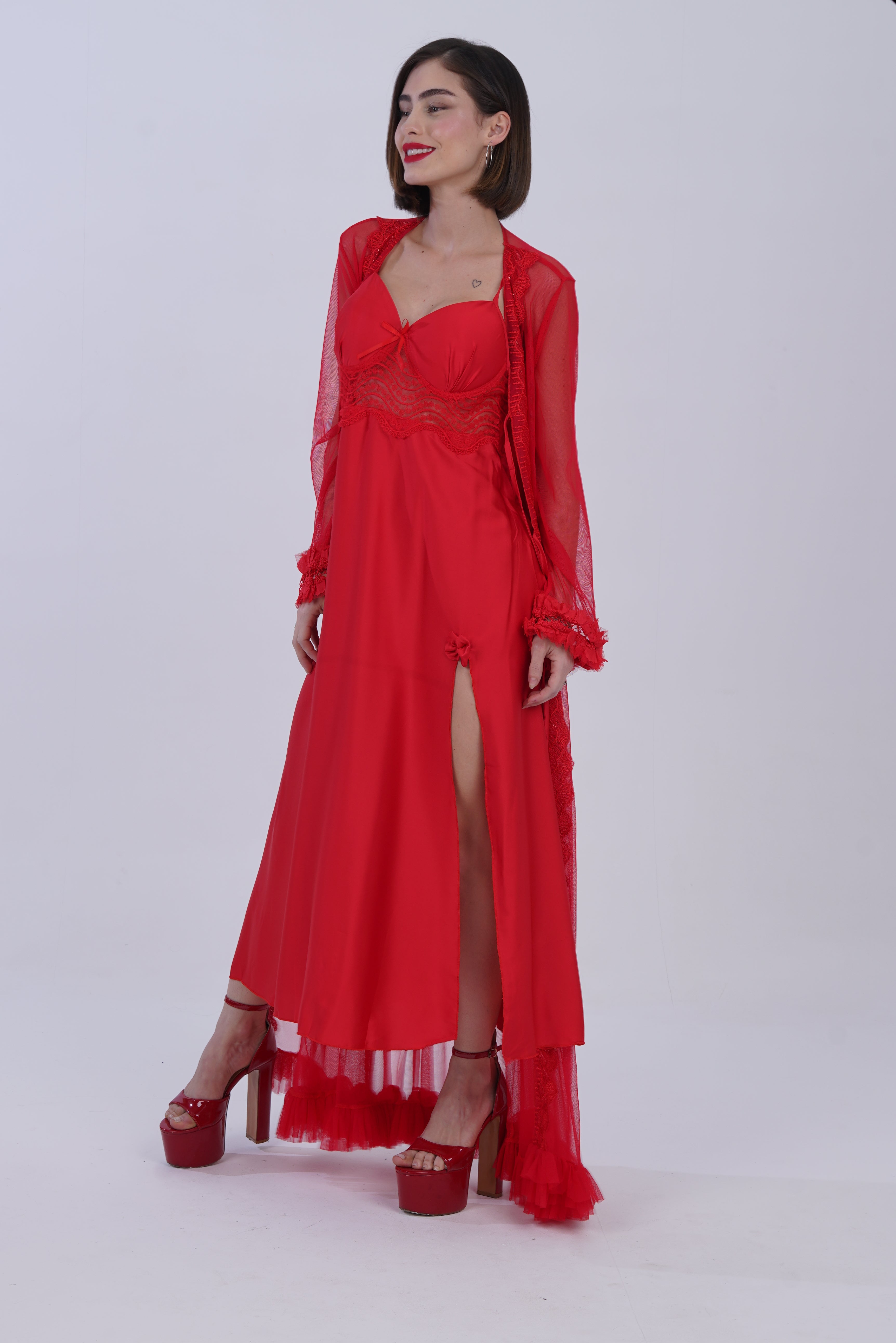 AXTZH Elegant Nightwear for Women with Flowing Robe and Matching Inner Slip Dress X5100-CRIMSON-F22S