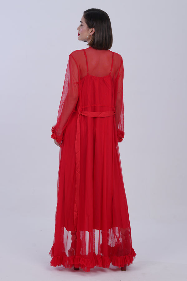 AXTZH Elegant Nightwear for Women with Flowing Robe and Matching Inner Slip Dress X5100-CRIMSON-F22S