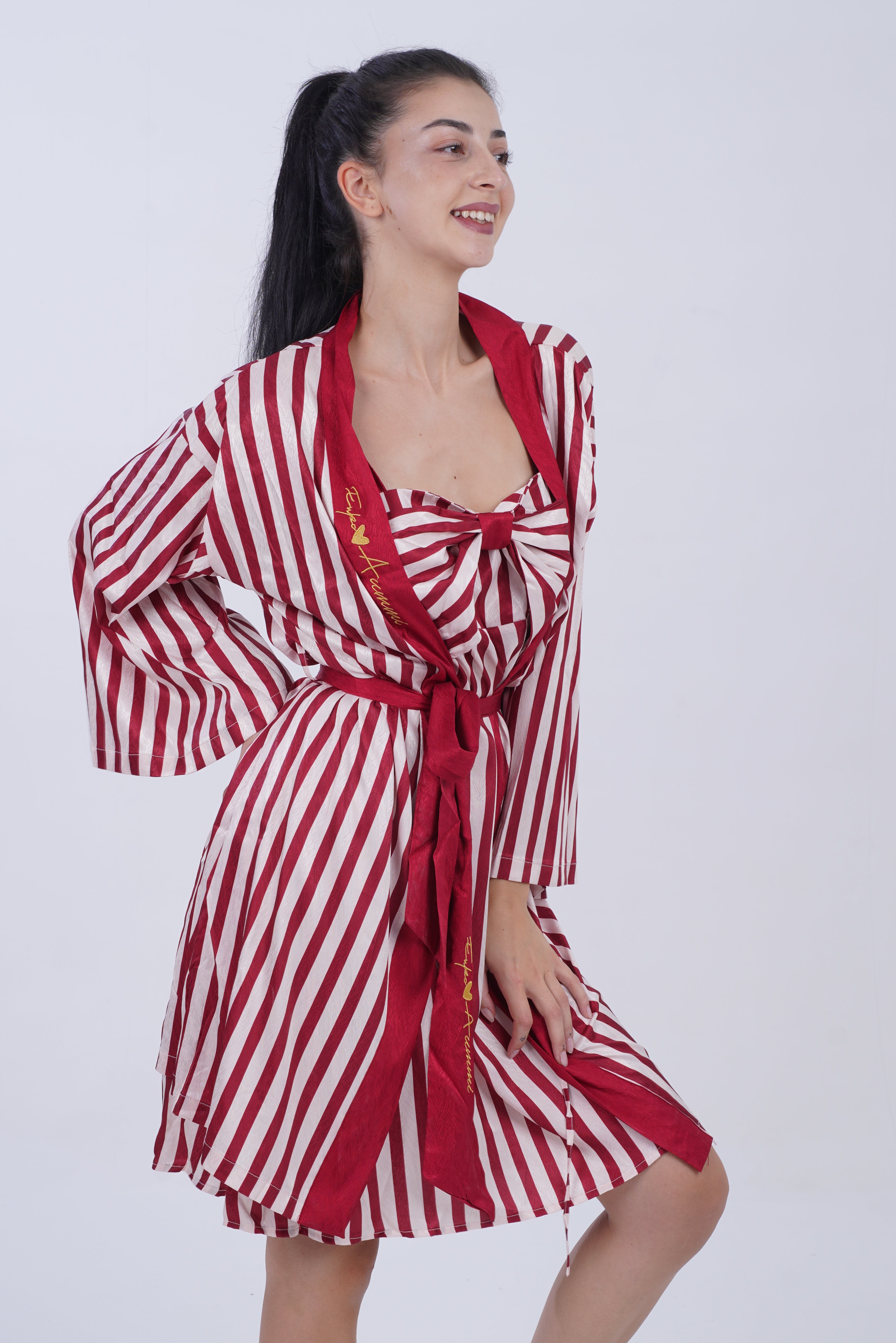 AXTZH Elegant Two-Piece Nightwear Ensemble with Coordinated Dress and Belted Robe X0589-SCAST-F11S