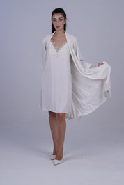 AXTZH 2-Piece Satin Nightwear Set with Lace Detail and Matching Robe for Women X2503-IVORY-F12S