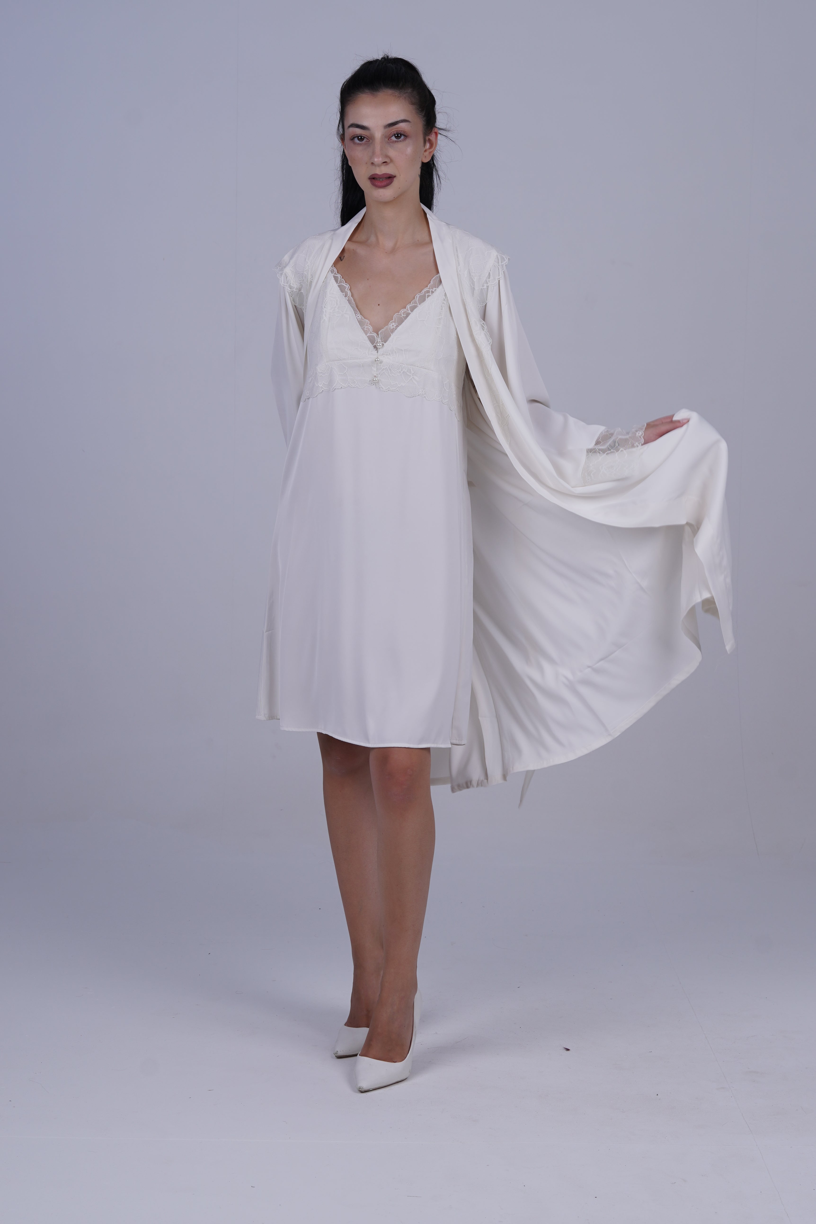 AXTZH 2-Piece Satin Nightwear Set with Lace Detail and Matching Robe for Women X2503-IVORY-F12S