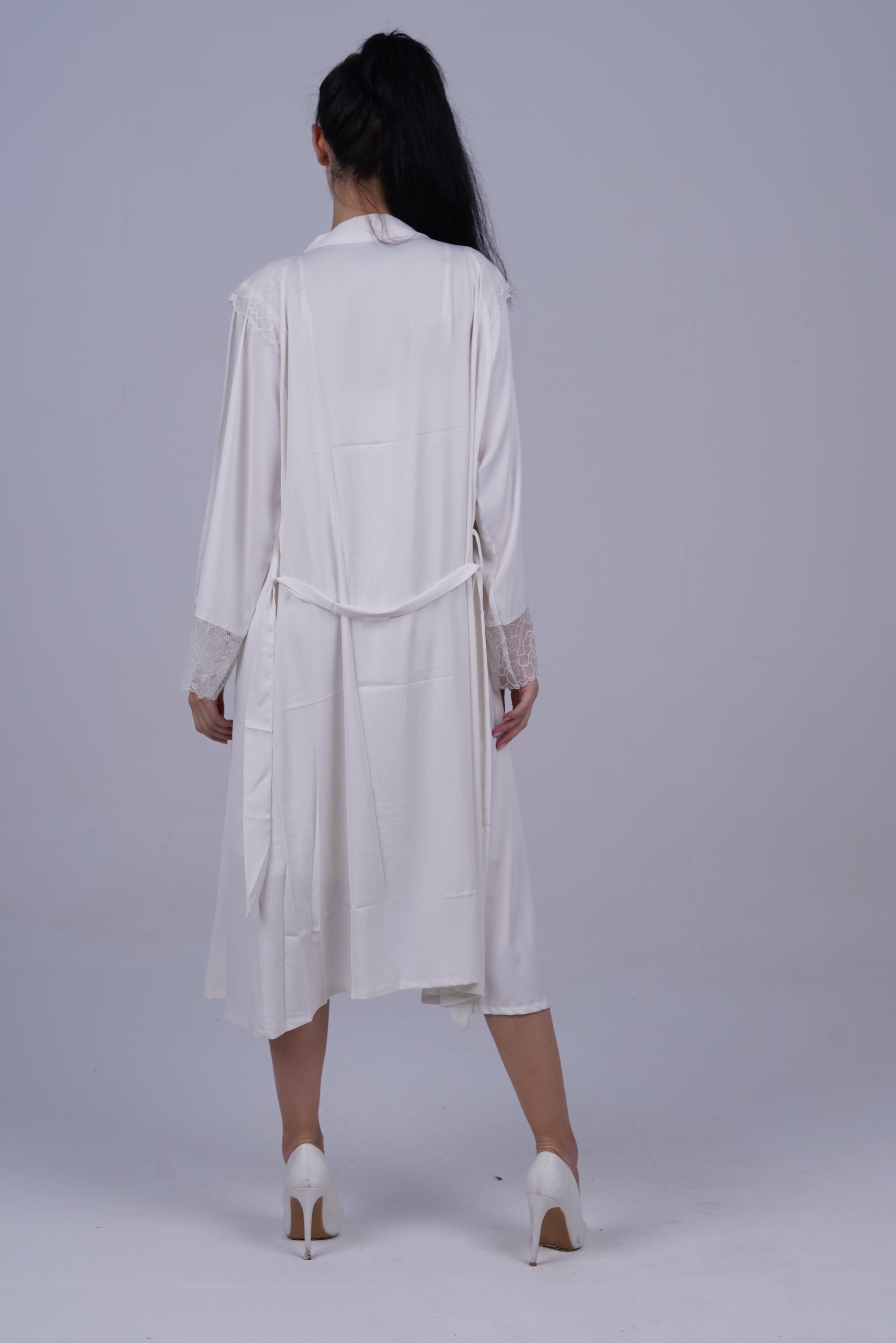 AXTZH 2-Piece Satin Nightwear Set with Lace Detail and Matching Robe for Women X2503-IVORY-F12S