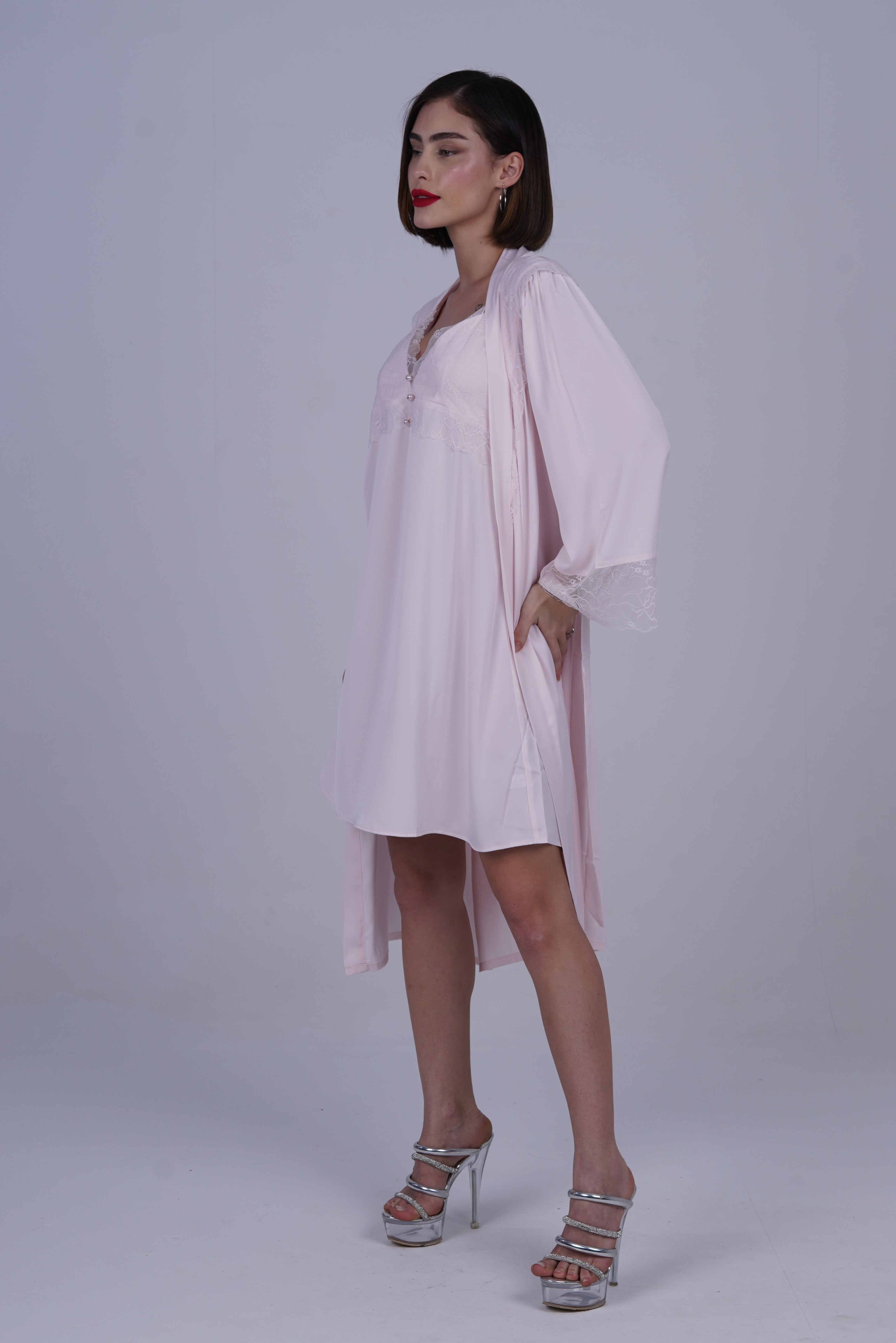 AXTZH 2-Piece Satin Nightwear Set with Lace Detail and Matching Robe for Women X2503-BLUSH-F12S