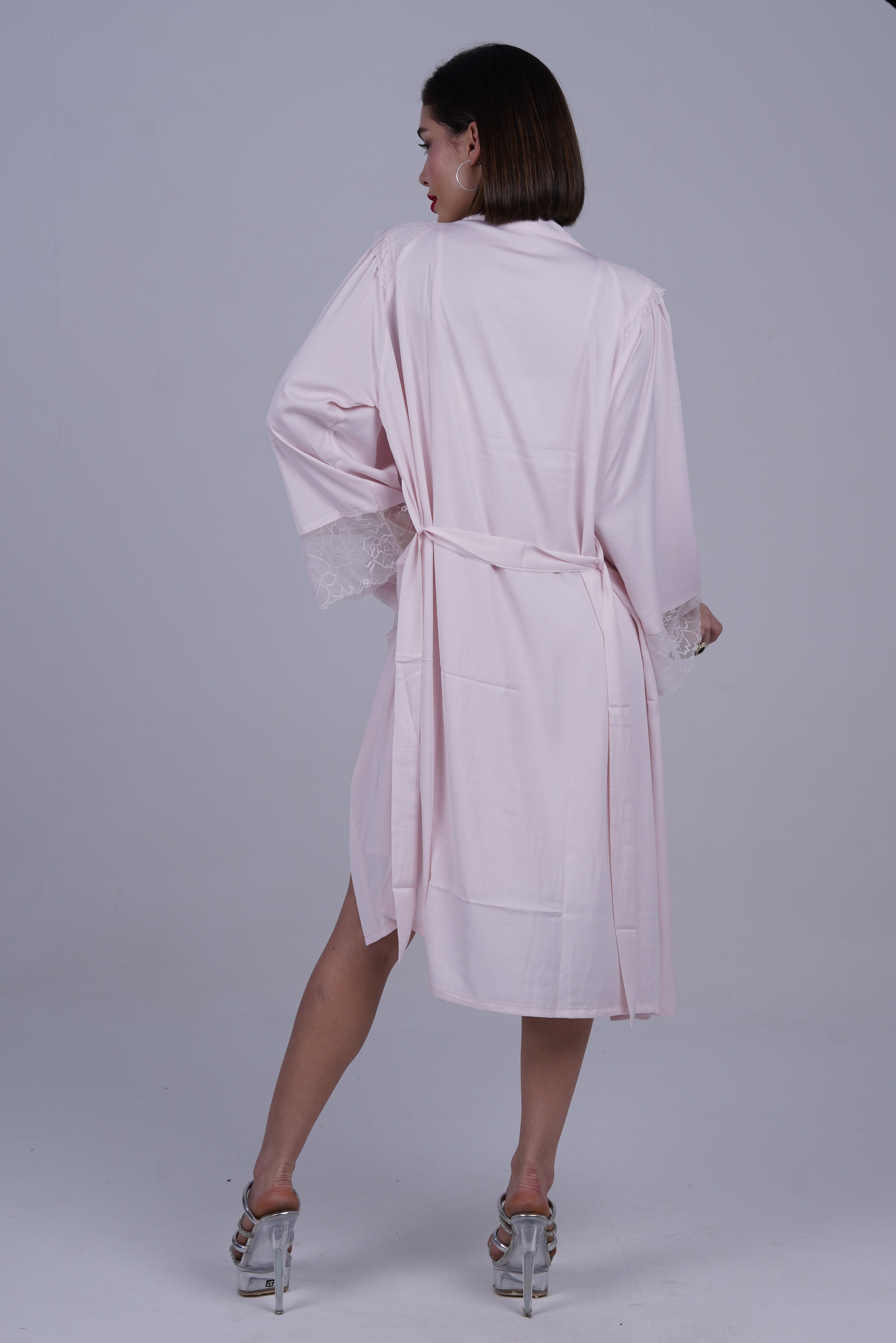 AXTZH 2-Piece Satin Nightwear Set with Lace Detail and Matching Robe for Women X2503-BLUSH-F12S