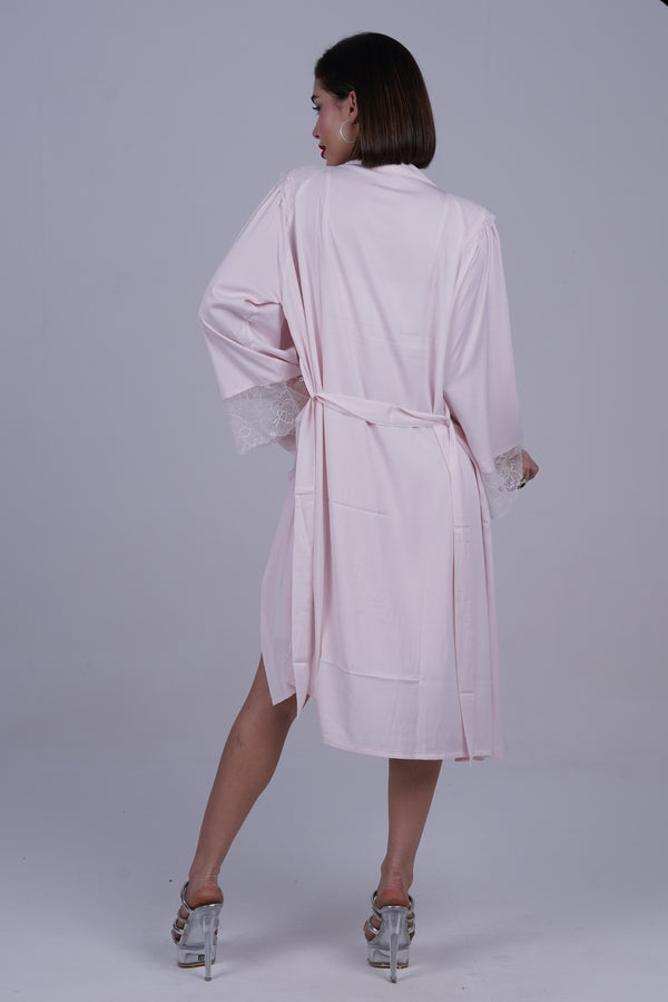 AXTZH 2-Piece Satin Nightwear Set with Lace Detail and Matching Robe for Women X2503-BLUSH-F12S