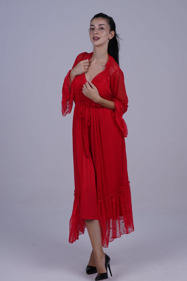 AXTZH Luxurious Women’s Nightwear Ensemble Featuring Long Robe and Inner Slip X0310-CRIMSON-F22MO
