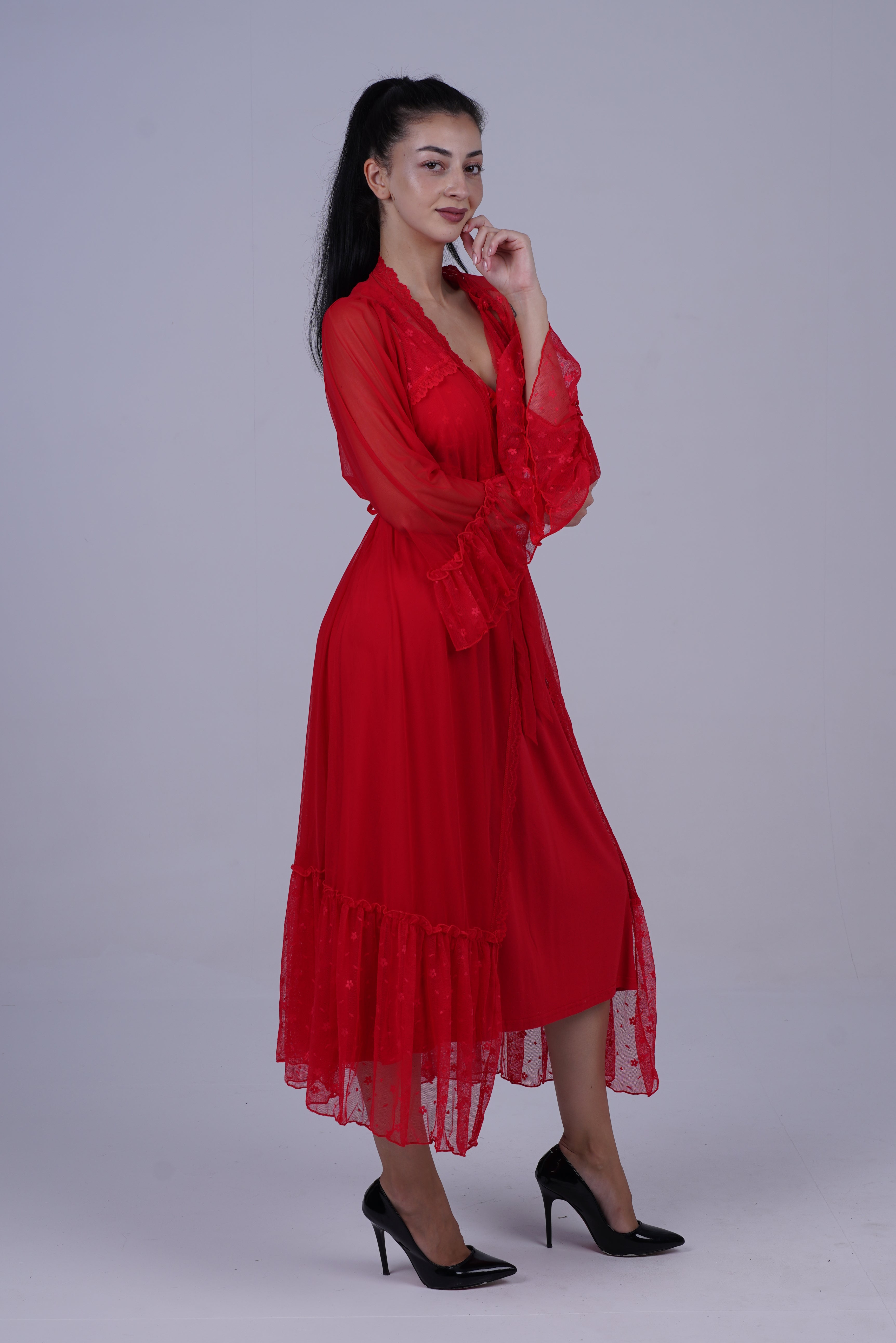 AXTZH Luxurious Women’s Nightwear Ensemble Featuring Long Robe and Inner Slip X0310-CRIMSON-F22MO