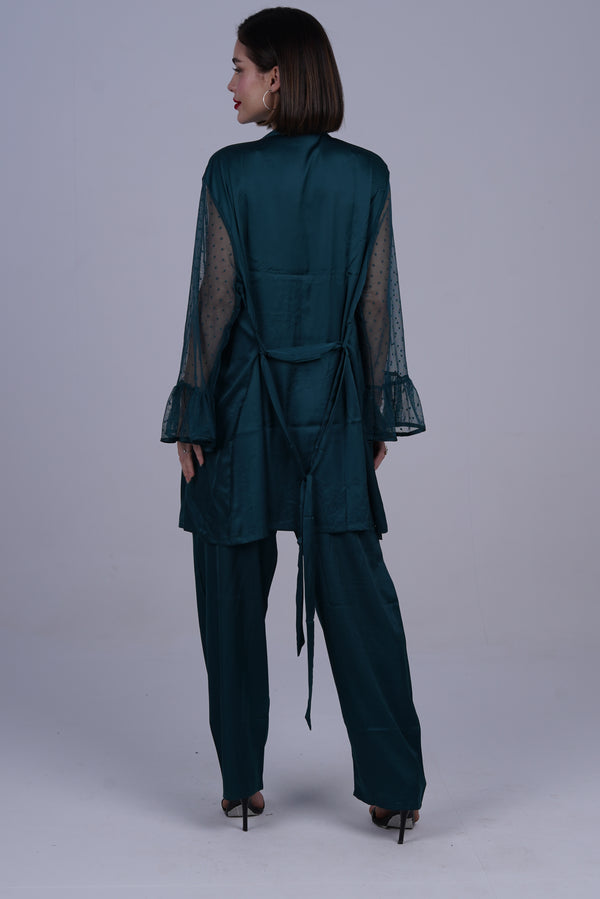 AXTZH Luxurious Women’s Nightwear Set with Lace-Trimmed Robe, Inner Top, and Matching Bottoms X2168-BGREEN-NSL3PS