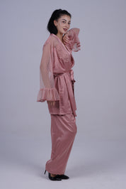 AXTZH Luxurious Women’s Nightwear Set with Lace-Trimmed Robe, Inner Top, and Matching Bottoms X2168-BLUSH-NSL3PS