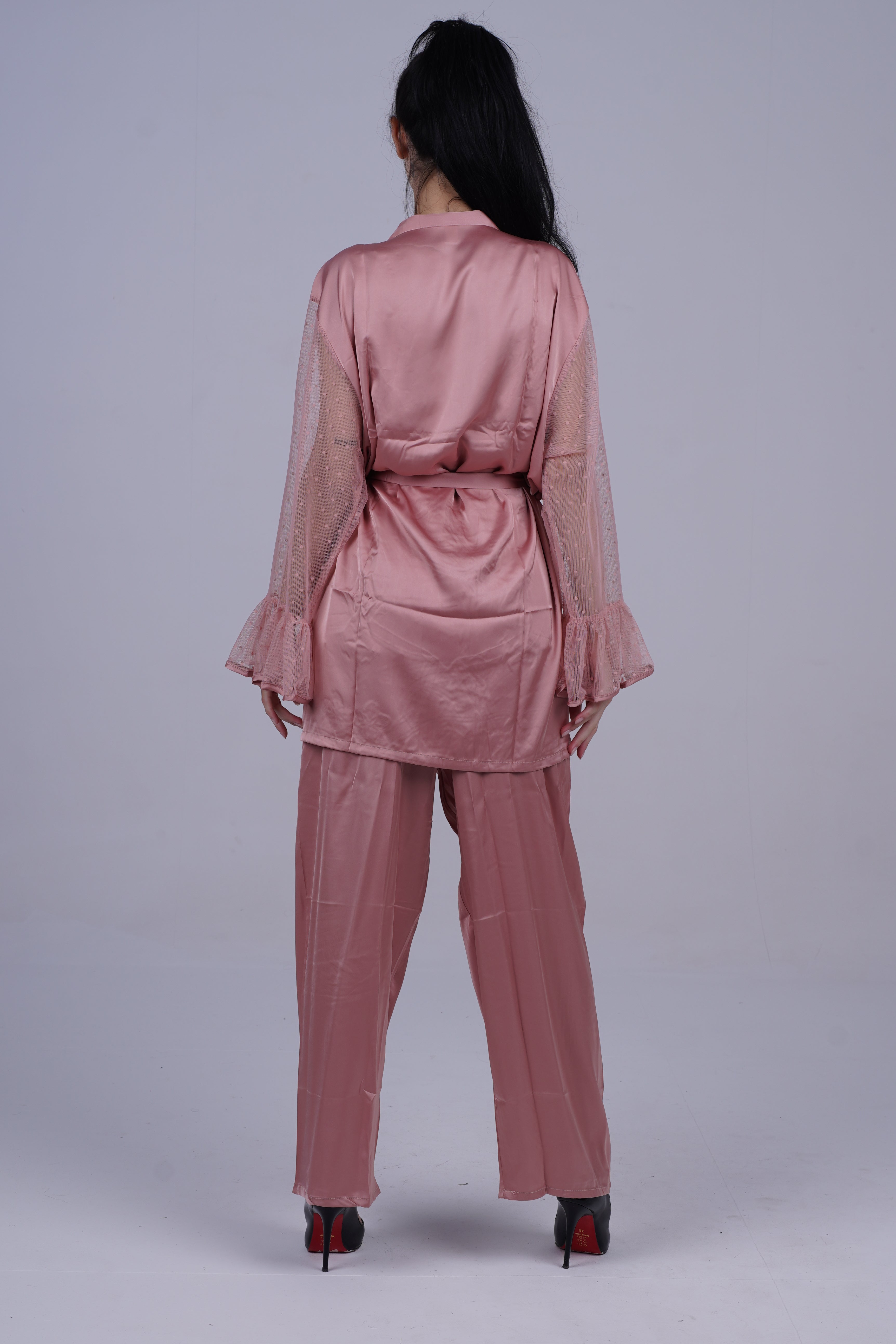 AXTZH Luxurious Women’s Nightwear Set with Lace-Trimmed Robe, Inner Top, and Matching Bottoms X2168-BLUSH-NSL3PS