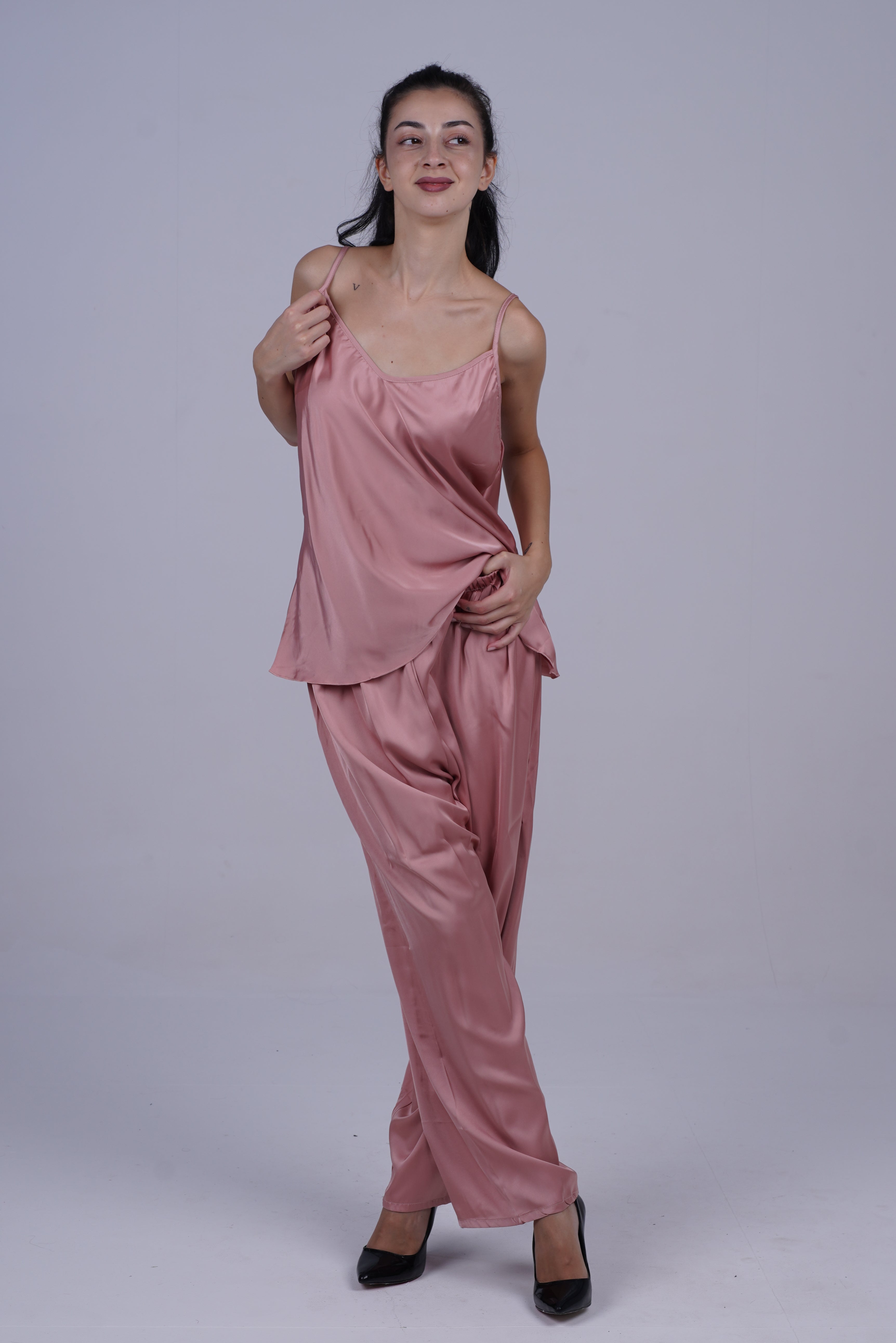 AXTZH Luxurious Women’s Nightwear Set with Lace-Trimmed Robe, Inner Top, and Matching Bottoms X2168-BLUSH-NSL3PS