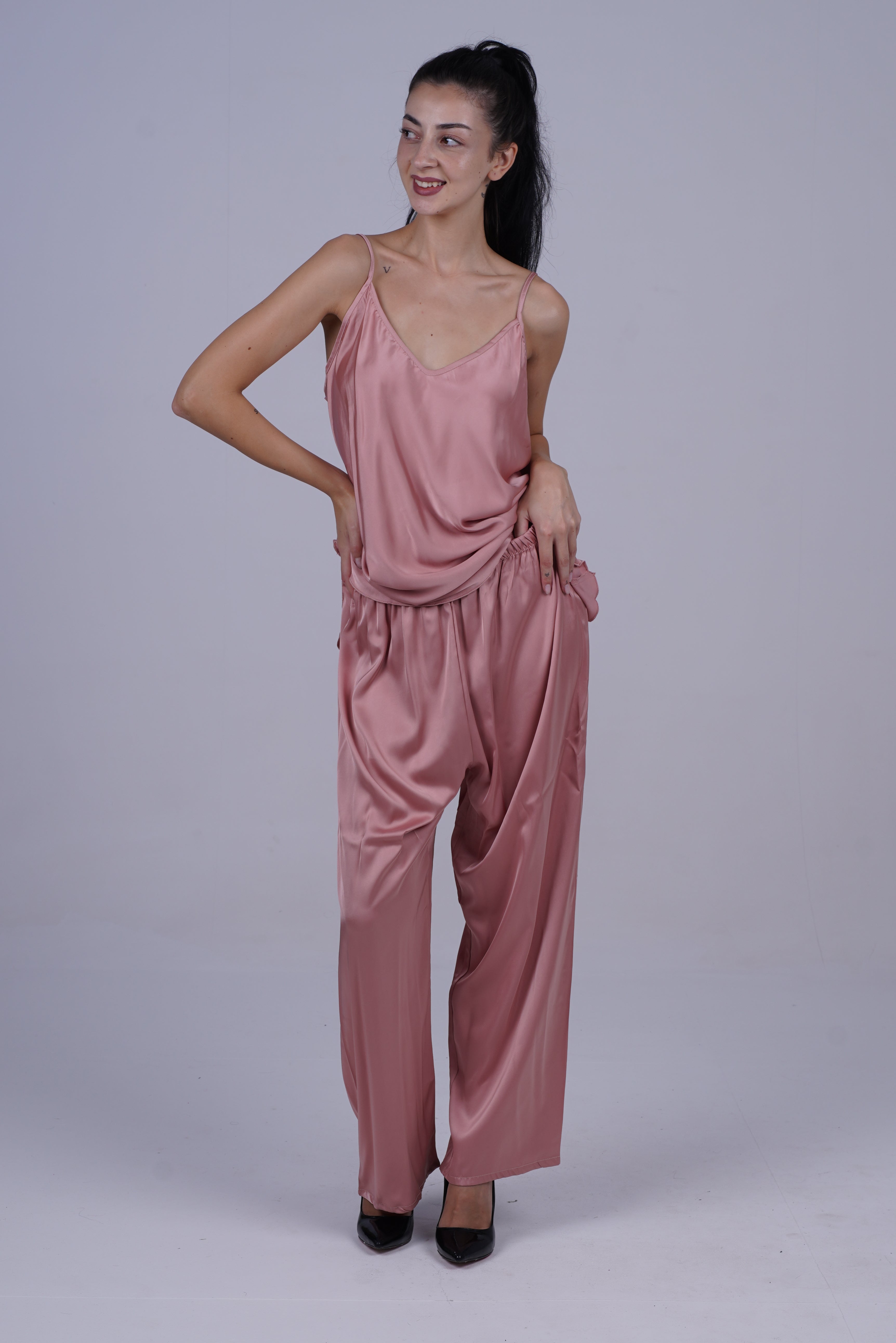 AXTZH Luxurious Women’s Nightwear Set with Lace-Trimmed Robe, Inner Top, and Matching Bottoms X2168-BLUSH-NSL3PS
