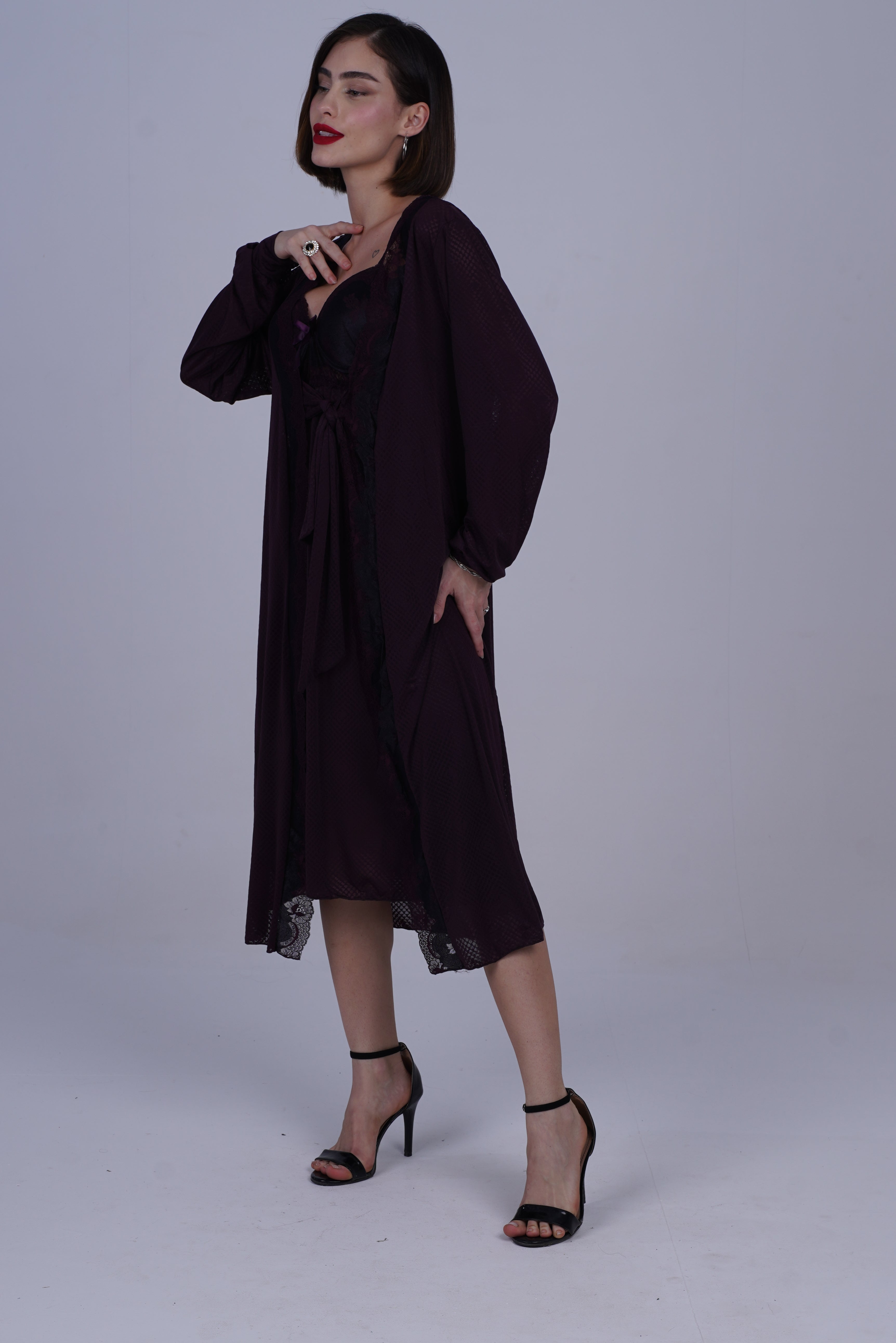 AXTZH  Elegant Two-Piece Long Nightwear Set for Women X3221-PLUM-F11M