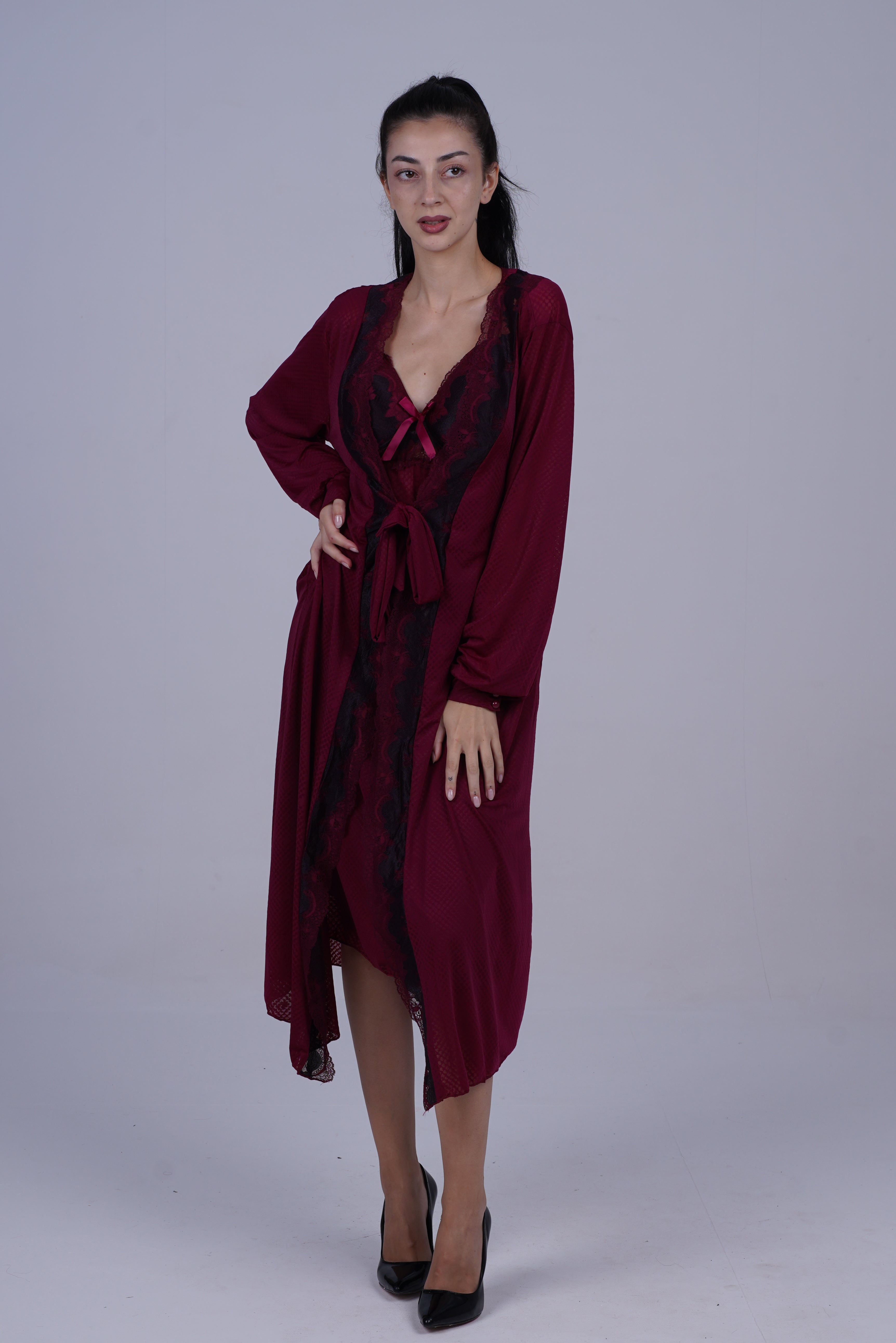 AXTZH Elegant Two-Piece Long Nightwear Set for Women X3221-MERLOT-F11M