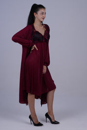 AXTZH Elegant Two-Piece Long Nightwear Set for Women X3221-MERLOT-F11M