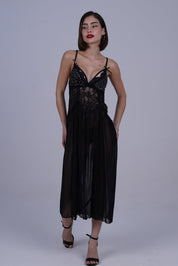 AXTZH Romantic Nightwear Set for Women with High Slit Sheer Design and Lace Accents X9095-BLACK-F2N