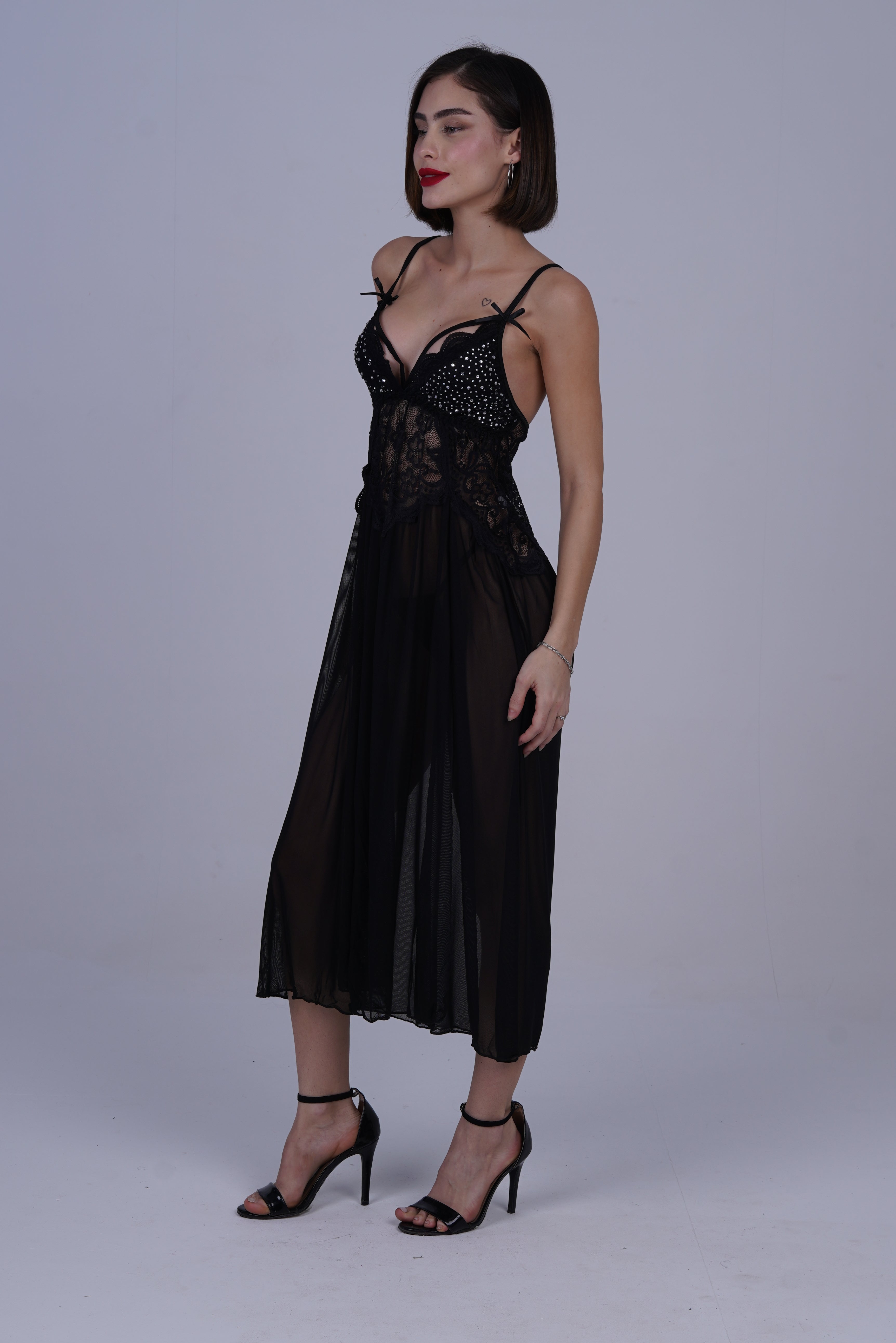AXTZH Romantic Nightwear Set for Women with High Slit Sheer Design and Lace Accents X9095-BLACK-F2N