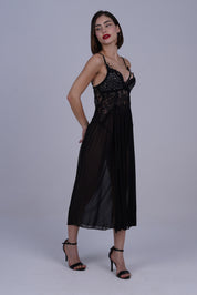 AXTZH Romantic Nightwear Set for Women with High Slit Sheer Design and Lace Accents X9095-BLACK-F2N