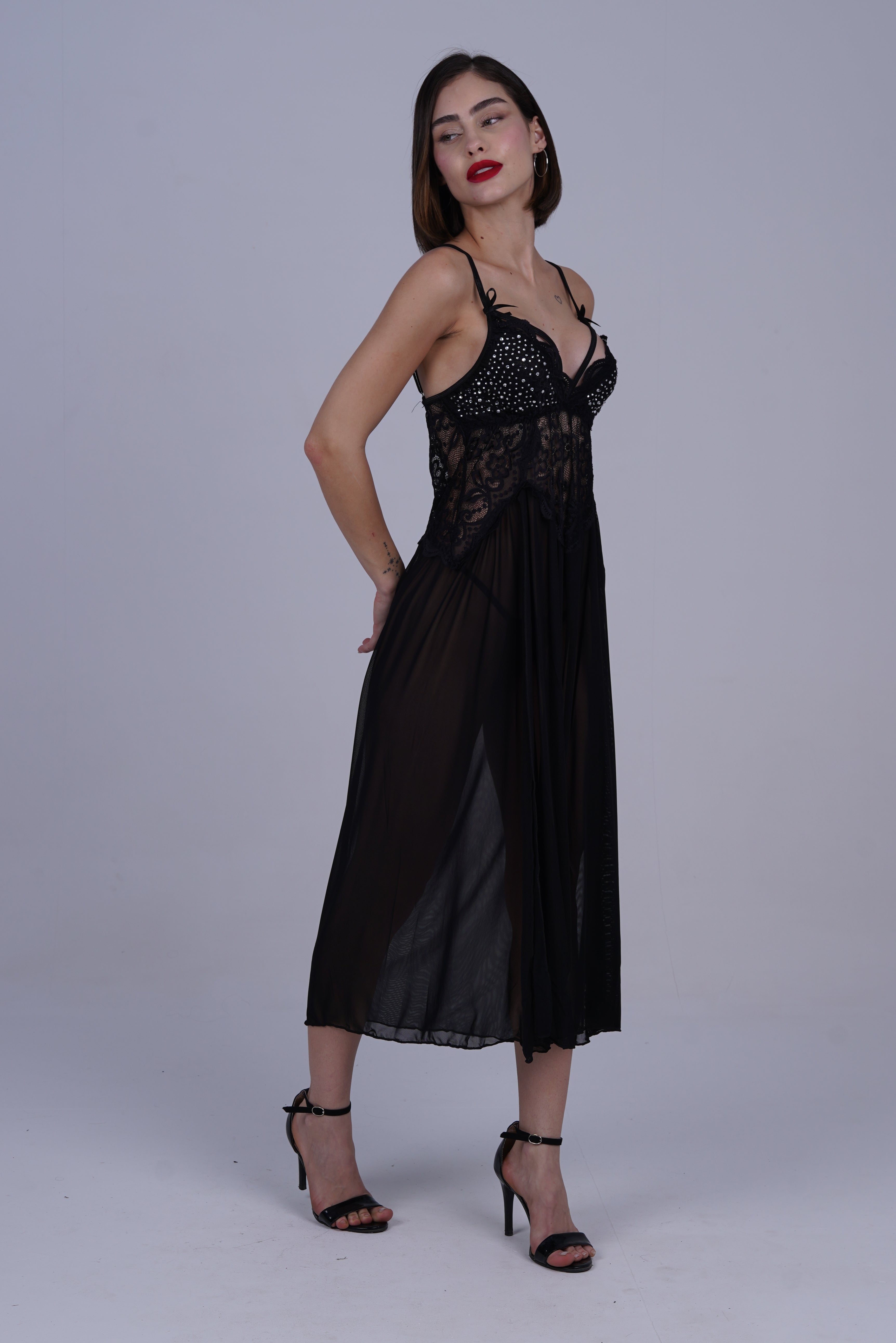 AXTZH Romantic Nightwear Set for Women with High Slit Sheer Design and Lace Accents X9095-BLACK-F2N