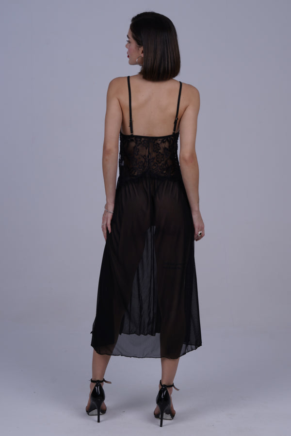 AXTZH Romantic Nightwear Set for Women with High Slit Sheer Design and Lace Accents X9095-BLACK-F2N