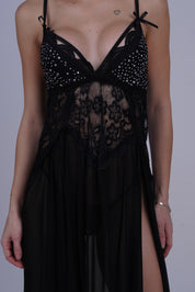 AXTZH Romantic Nightwear Set for Women with High Slit Sheer Design and Lace Accents X9095-BLACK-F2N