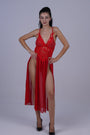 AXTZH Romantic Nightwear Set for Women with High Slit Sheer Design and Lace Accents X9095-RED-F2N