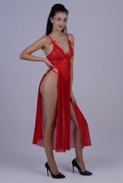 AXTZH Romantic Nightwear Set for Women with High Slit Sheer Design and Lace Accents X9095-RED-F2N