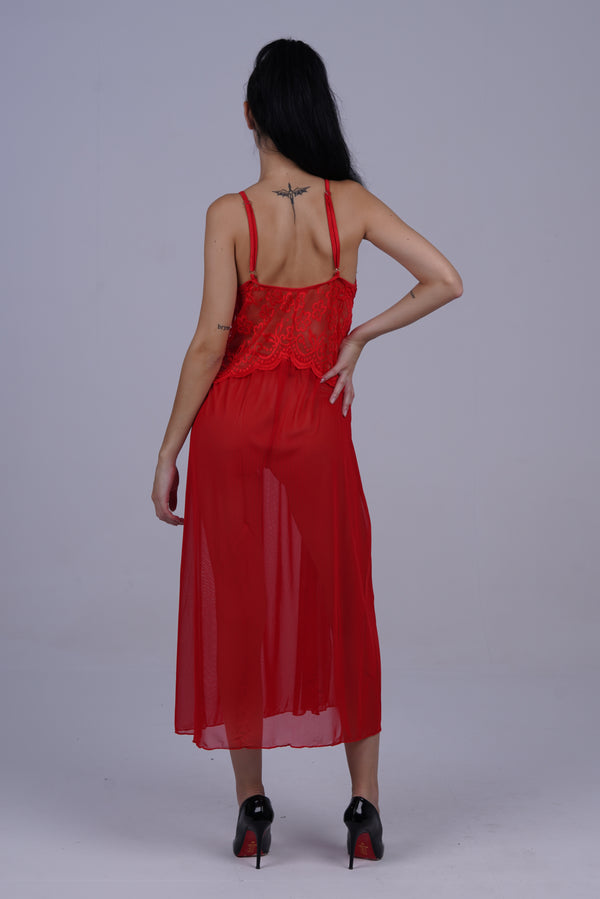 AXTZH Romantic Nightwear Set for Women with High Slit Sheer Design and Lace Accents X9095-RED-F2N
