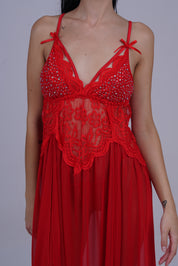 AXTZH Romantic Nightwear Set for Women with High Slit Sheer Design and Lace Accents X9095-RED-F2N
