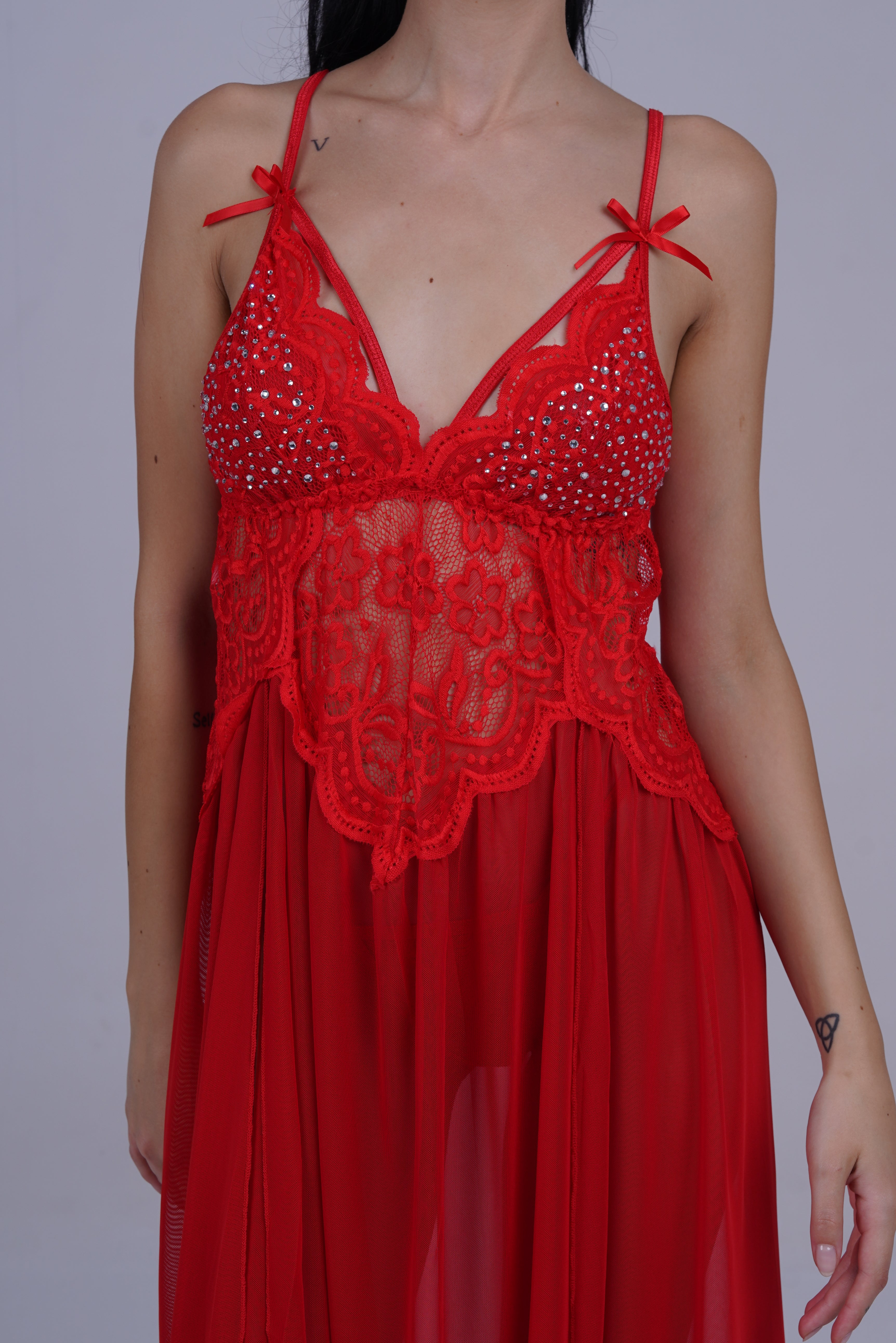 AXTZH Romantic Nightwear Set for Women with High Slit Sheer Design and Lace Accents X9095-RED-F2N