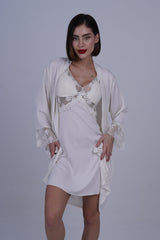 AXTZH Two-Piece Nightwear Set with Elegant Lace-Trimmed Robe and Matching Slip Dress for Women X2501-IVORY-F11S